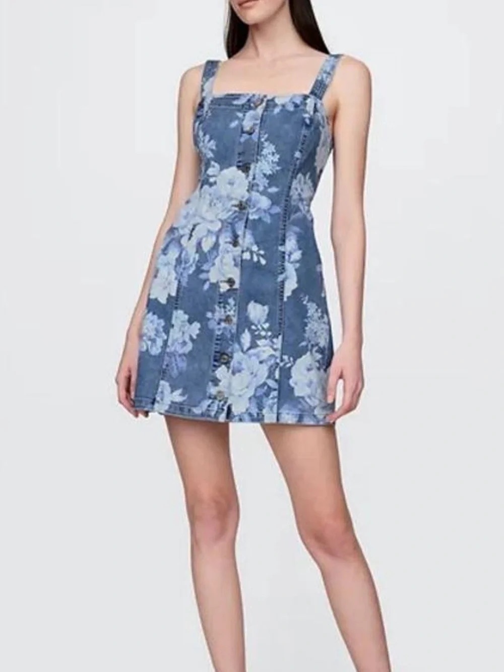 GAP Blue Floral Denim Button-Front Mini Dress | vintage-style botanical NWT - Picture 2 of 9